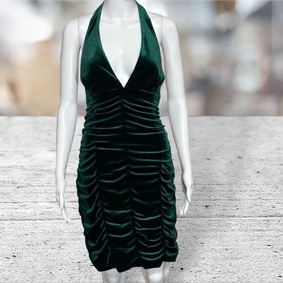 Aidan Mattox Green Velvet Halter Neck Short Plunging Neck Dress - Picture 1 of 11